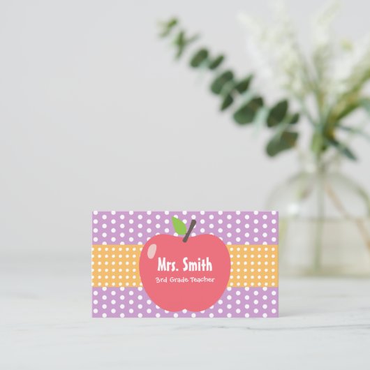 Cute Apple Lavender Stippen Teacher Visitekaartje (Staand voorkant)