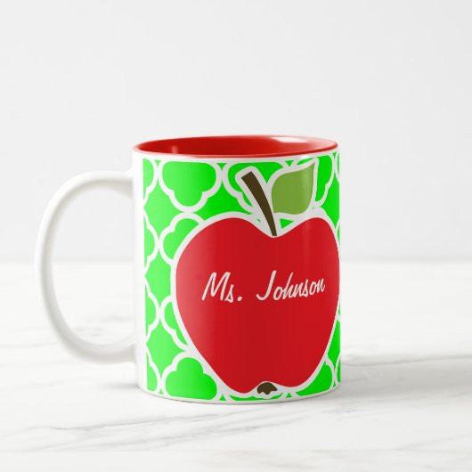 Cute Apple op Electric Green Quatrefoil Tweekleurige Koffiemok (Links)