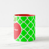 Cute Apple op Electric Green Quatrefoil Tweekleurige Koffiemok (Center)