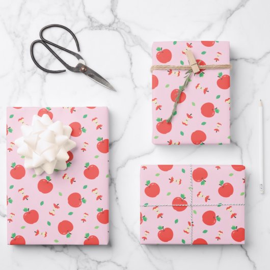 Cute Apple Pattern met Roze Achtergrond Inpakpapier Vel (Voorkant)