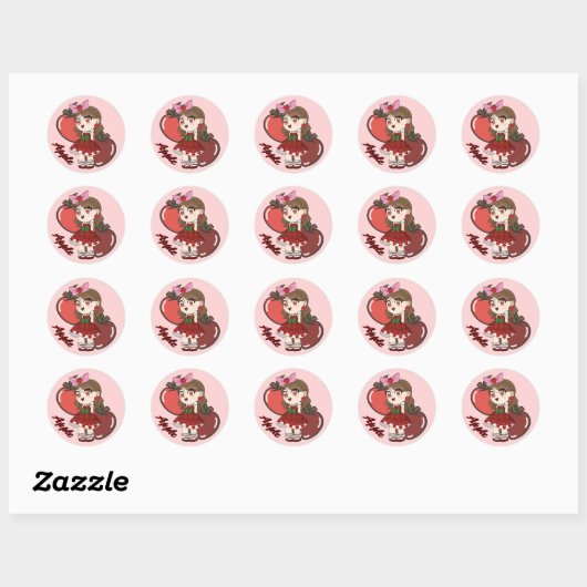 Cute Apple Theme Chibi with Apple Background Ronde Sticker (Vel)