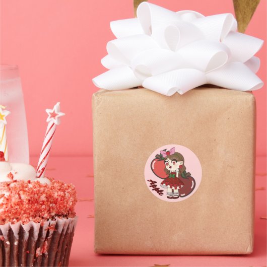 Cute Apple Theme Chibi with Apple Background Ronde Sticker (Feest)