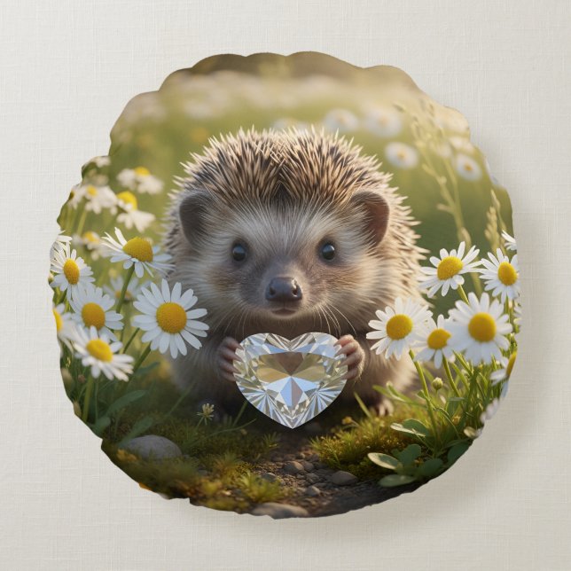 Cute April Hedgehog with Diamond Heart Rond Kussen (Voorkant)