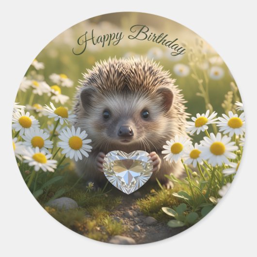 Cute April Hedgehog with Diamond Heart Ronde Sticker (Voorkant)