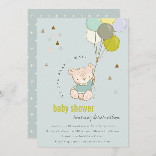 Cute Aqua Barly Wait Balloon Baby shower Invite Bedankkaart (Voorkant / Achterkant)