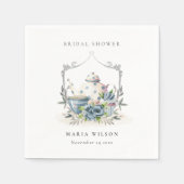 Cute Aqua Blauwe Bloemige Theepot Crest Bruidsdouc Servet (Voorkant)