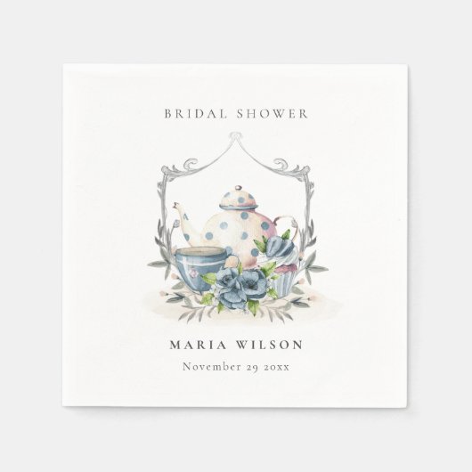 Cute Aqua Blauwe Bloemige Theepot Crest Bruidsdouc Servet (Voorkant)