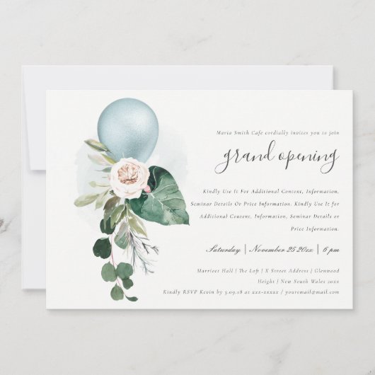 Cute Aqua Blue Balloon Floral Grand Opening Invite Bedankkaart (Voorkant)