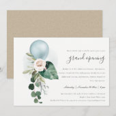 Cute Aqua Blue Balloon Floral Grand Opening Invite Bedankkaart (Voorkant / Achterkant)