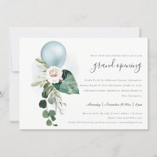 Cute Aqua Blue Balloon Floral Grand Opening Invite Bedankkaart