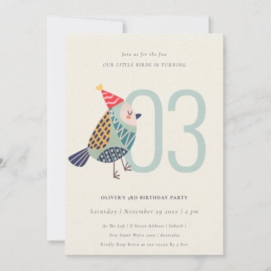 Cute Aqua Blue Birdie elke leeftijd van 3 jaar uit Bedankkaart (Voorkant)