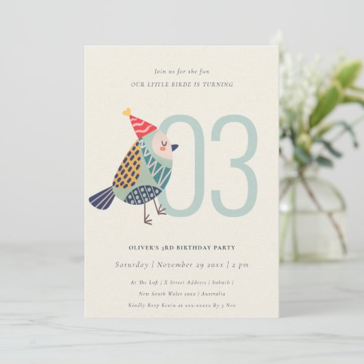 Cute Aqua Blue Birdie elke leeftijd van 3 jaar uit Bedankkaart (Staand voorkant)