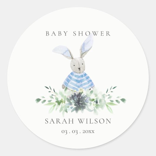 Cute Aqua Blue Bunny Garden Foliage Baby shower Ronde Sticker (Voorkant)