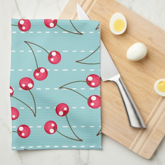 Cute Aqua Blue en Red Cherries Pattern Theedoek (Quarter Fold)