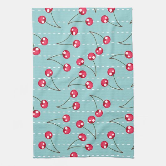 Cute Aqua Blue en Red Cherries Pattern Theedoek (Verticaal)