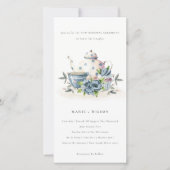 Cute Aqua Blue Flora Teapot Cup Vow Renewal Invite Bedankkaart (Voorkant)