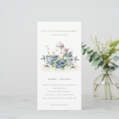Cute Aqua Blue Flora Teapot Cup Vow Renewal Invite Bedankkaart (Staand voorkant)