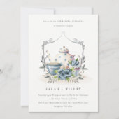 Cute Aqua Blue Flora Teapot Cup Vow Renewal Invite Bedankkaart (Voorkant)