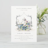 Cute Aqua Blue Flora Teapot Cup Vow Renewal Invite Bedankkaart (Staand voorkant)