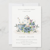 Cute Aqua Blue Flora Teapot Cup Vow Renewal Invite Bedankkaart (Voorkant)