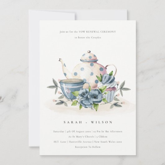 Cute Aqua Blue Flora Teapot Cup Vow Renewal Invite Bedankkaart (Voorkant)