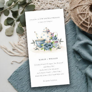 Cute Aqua Blue Flora Teapot Cup Vow Renewal Invite Bedankkaart