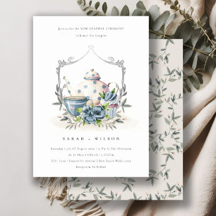 Cute Aqua Blue Flora Teapot Cup Vow Renewal Invite Bedankkaart
