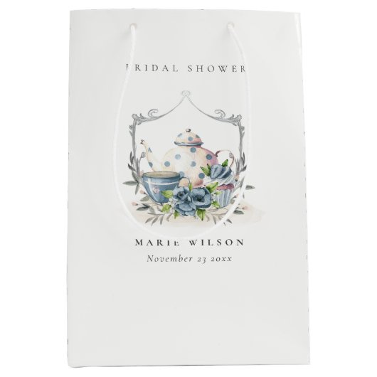 Cute Aqua Blue Floral Teapot Crest Vrijgezellenfee Medium Cadeauzakje (Voorkant)