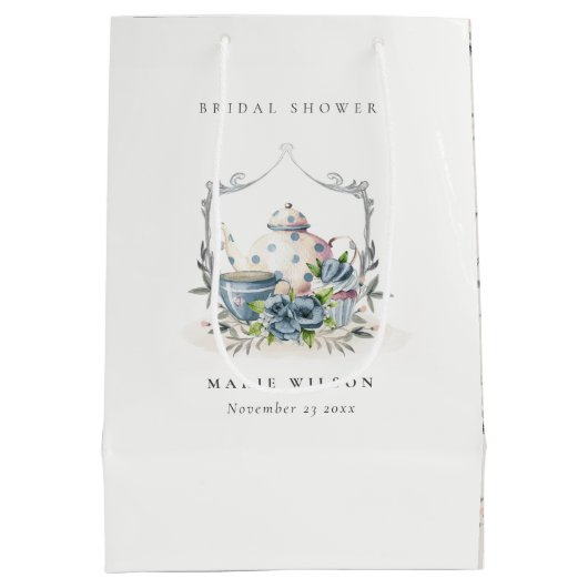 Cute Aqua Blue Floral Teapot Crest Vrijgezellenfee Medium Cadeauzakje (Achterkant)