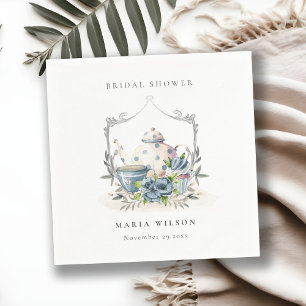 Cute Aqua Blue Floral Teapot Crest Vrijgezellenfee Servet