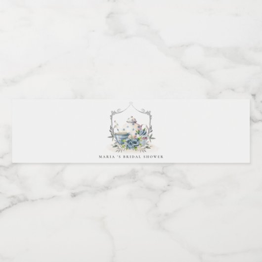 Cute Aqua Blue Floral Teapot Crest Vrijgezellenfee Waterfles Etiket (Enkel label)