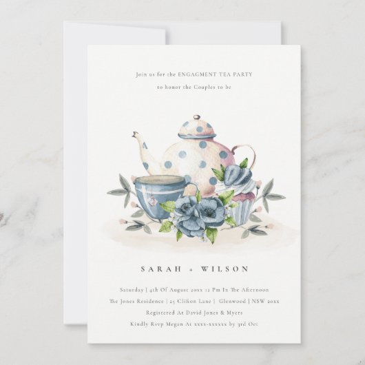 Cute Aqua Blue Floral Teapot Cup Verloving Invite Bedankkaart (Voorkant)