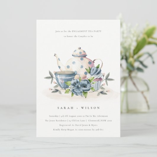 Cute Aqua Blue Floral Teapot Cup Verloving Invite Bedankkaart (Staand voorkant)