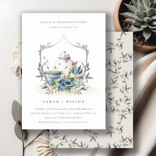 Cute Aqua Blue Floral Teapot Cup Verloving Invite Bedankkaart
