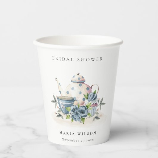 Cute Aqua Blue Floral Teapot Cup Vrijgezellenfeest Papieren Bekers (Voorkant)