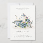 Cute Aqua Blue Floral Teapot Cup Weddenschap Bedankkaart (Voorkant)