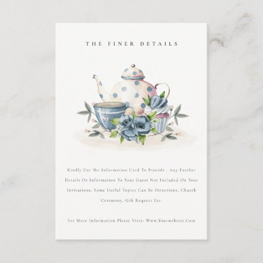 Cute Aqua Blue Floral Teapot Cup Weddenschap Detai Informatiekaartje (Voorkant)