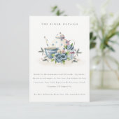Cute Aqua Blue Floral Teapot Cup Weddenschap Detai Informatiekaartje (Staand voorkant)
