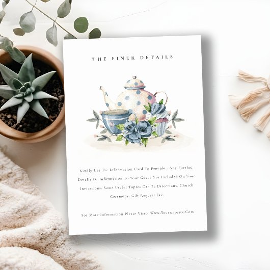 Cute Aqua Blue Floral Teapot Cup Weddenschap Detai Informatiekaartje