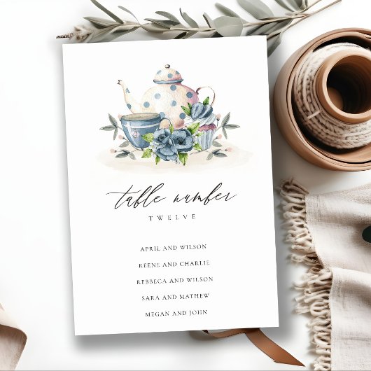 Cute Aqua Blue Floral Teapot Cup Weddenschap Kaart