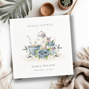 Cute Aqua Blue Floral Teapot Cups Vrijgezellenfees Servet