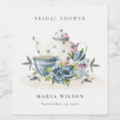 Cute Aqua Blue Floral Teapot Cups Vrijgezellenfees Wijn Etiket (Enkel label)