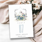 Cute Aqua Blue Foral Teapot Cup Crest Weddenschap Kaart