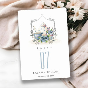 Cute Aqua Blue Foral Teapot Cup Crest Weddenschap Kaart