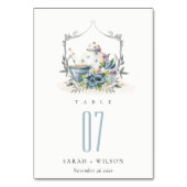 Cute Aqua Blue Foral Teapot Cup Crest Weddenschap Kaart (Voorkant)