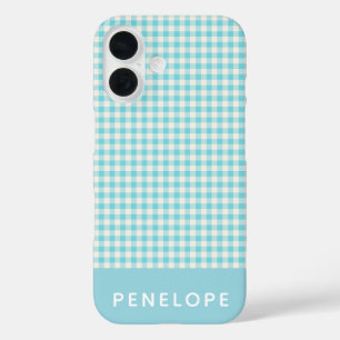 Cute  Aqua Blue Gingham Pset Personalized iPhone 16 Hoesje
