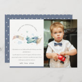 Cute Aqua Blue Plane Clouds Kinder Foto van Birthd Bedankkaart (Voorkant / Achterkant)