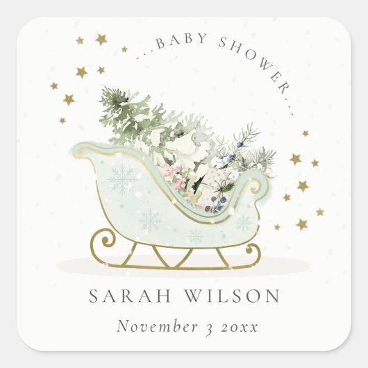 Cute Aqua Blue Winter Sleigh Baby shower Vierkante Sticker (Voorkant)