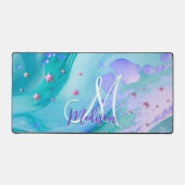 Cute aqua glitter paarse marmer monogram bureaumat (Voorkant)