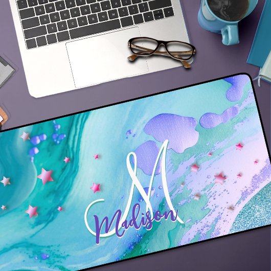 Cute aqua glitter paarse marmer monogram bureaumat